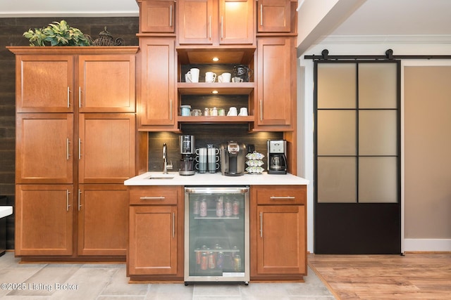 3511 Hardwood Forest Dr, Louisville, KY 40214 - indoor bar with wine cooler, a barn door, and tasteful backsplash