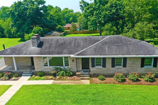 9212 Preston Hwy, Louisville, KY 40229 - single story home featuring roof with shingles, a chimney, a front yard, and covered porch