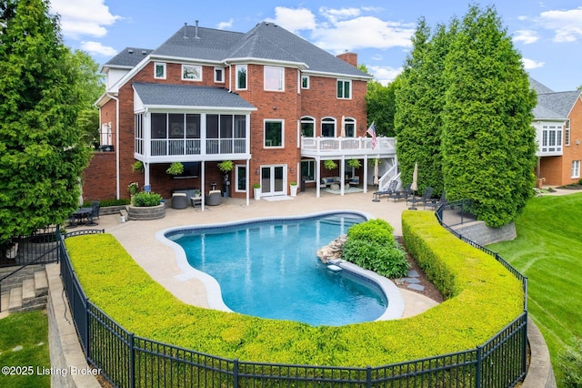 12812 Ridgemoor Dr, Prospect, KY 40059 - view of pool featuring a patio, a fenced backyard, a sunroom, and stairway