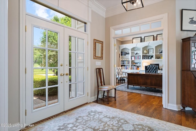12812 Ridgemoor Dr, Prospect, KY 40059 - doorway to outside featuring crown molding, french doors, a desk, and wood finished floors