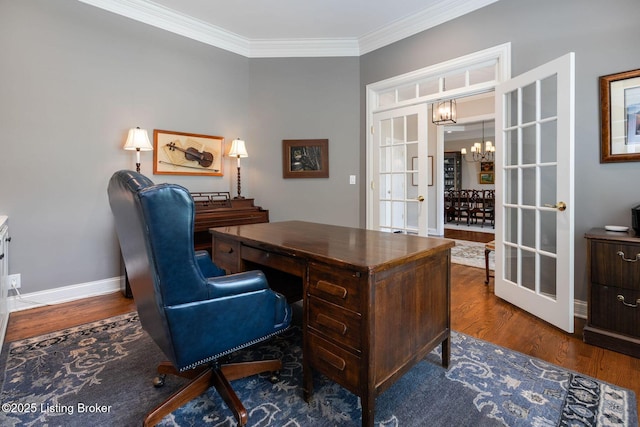 12812 Ridgemoor Dr, Prospect, KY 40059 - office featuring a chandelier, wood finished floors, ornamental molding, and french doors