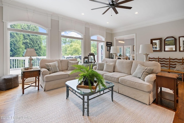 12812 Ridgemoor Dr, Prospect, KY 40059 - living room featuring ceiling fan, wood finished floors, ornamental molding, and recessed lighting