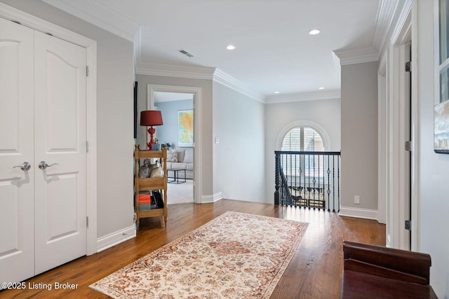12812 Ridgemoor Dr, Prospect, KY 40059 - corridor with wood finished floors, crown molding, and recessed lighting