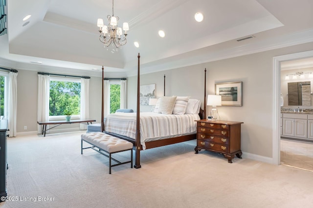 12812 Ridgemoor Dr, Prospect, KY 40059 - bedroom with a tray ceiling, light carpet, crown molding, multiple windows, and recessed lighting