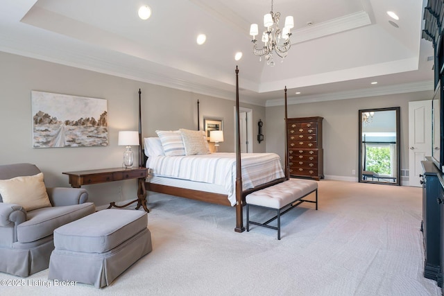 12812 Ridgemoor Dr, Prospect, KY 40059 - bedroom with a raised ceiling, light colored carpet, crown molding, a chandelier, and recessed lighting