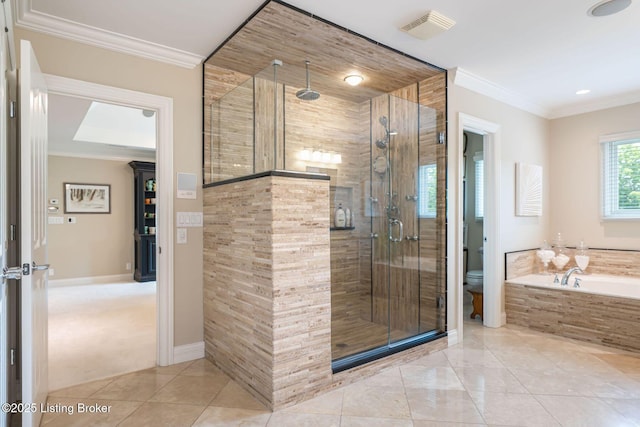 12812 Ridgemoor Dr, Prospect, KY 40059 - bathroom featuring a bath, a shower stall, tile patterned floors, and ornamental molding