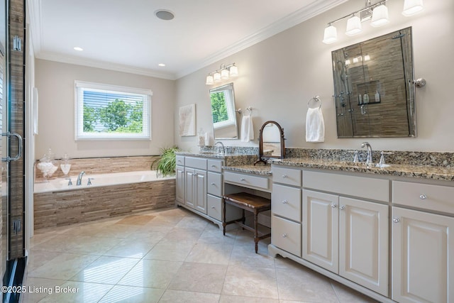 12812 Ridgemoor Dr, Prospect, KY 40059 - bathroom featuring vanity, a garden tub, crown molding, tile patterned floors, and a stall shower
