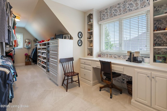 12812 Ridgemoor Dr, Prospect, KY 40059 - office area with built in desk, light carpet, and vaulted ceiling