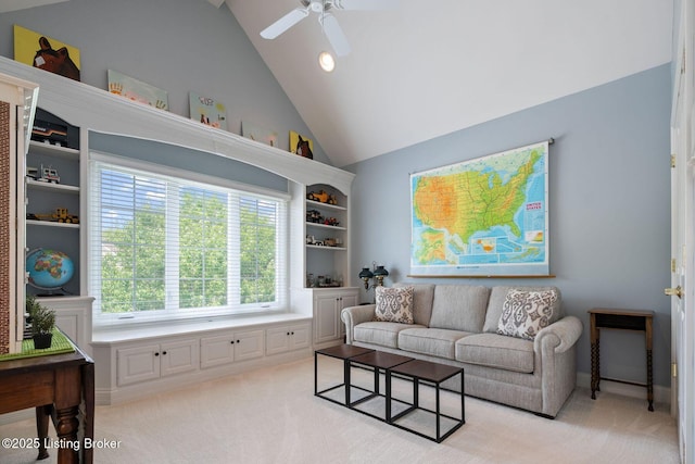 12812 Ridgemoor Dr, Prospect, KY 40059 - living area with light carpet, high vaulted ceiling, and a ceiling fan