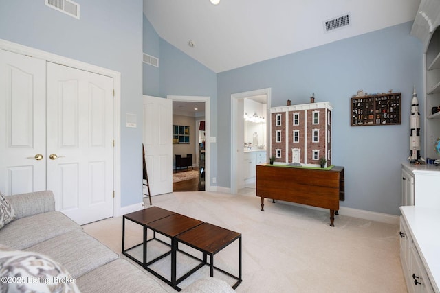 12812 Ridgemoor Dr, Prospect, KY 40059 - living area with light carpet, high vaulted ceiling, and recessed lighting