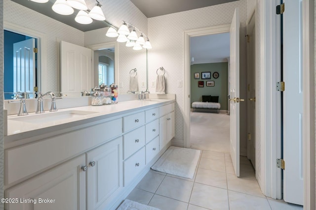 12812 Ridgemoor Dr, Prospect, KY 40059 - full bath with wallpapered walls, double vanity, and tile patterned flooring