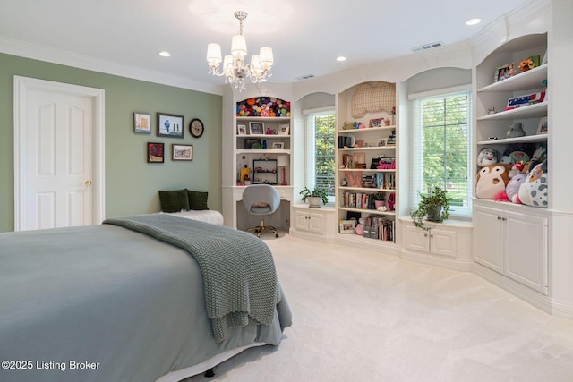 12812 Ridgemoor Dr, Prospect, KY 40059 - bedroom with a chandelier, crown molding, light carpet, and recessed lighting