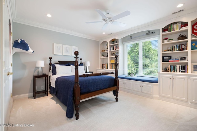 12812 Ridgemoor Dr, Prospect, KY 40059 - bedroom with ornamental molding, light carpet, recessed lighting, and ceiling fan