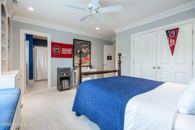 12812 Ridgemoor Dr, Prospect, KY 40059 - bedroom with crown molding, a closet, light colored carpet, recessed lighting, and a ceiling fan