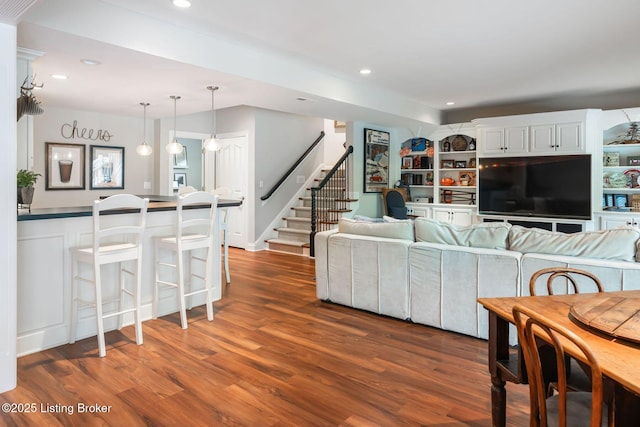 12812 Ridgemoor Dr, Prospect, KY 40059 - living area featuring wood finished floors, stairway, and recessed lighting