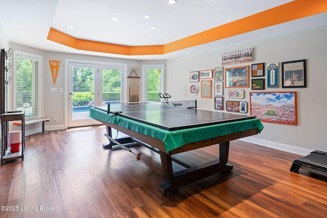 12812 Ridgemoor Dr, Prospect, KY 40059 - rec room with a raised ceiling, wood finished floors, and recessed lighting