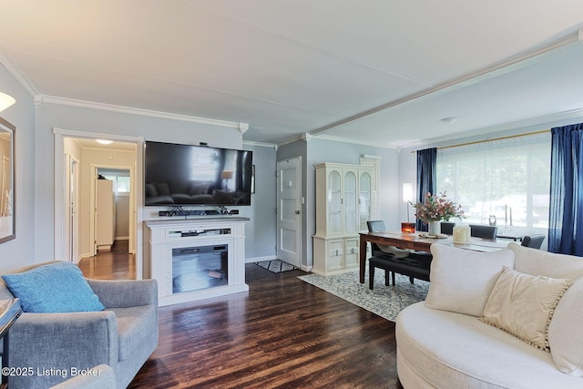 1301 Mark Trail Rd, Louisville, KY 40242 - living room featuring ornamental molding, dark wood-style floors, and a glass covered fireplace