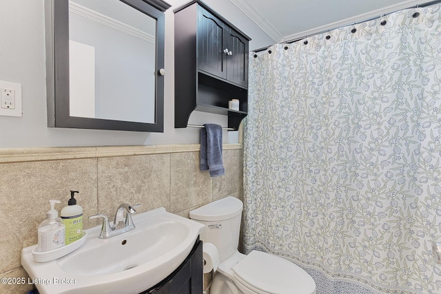 1301 Mark Trail Rd, Louisville, KY 40242 - bathroom with tile walls, crown molding, wainscoting, and a shower with shower curtain