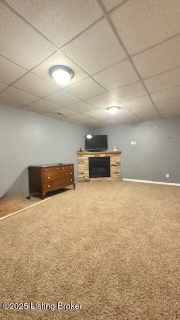 360 Grant Ridge Rd, Leitchfield, KY 42754 - finished basement featuring a fireplace, carpet flooring, and a drop ceiling