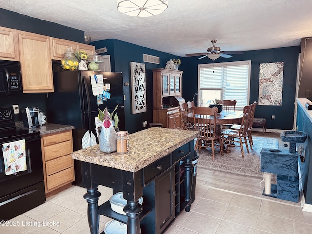 4021/2 Ripy St, Lawrenceburg, KY 40342 - kitchen featuring black appliances, light brown cabinetry, a ceiling fan, light tile patterned floors, and a textured ceiling