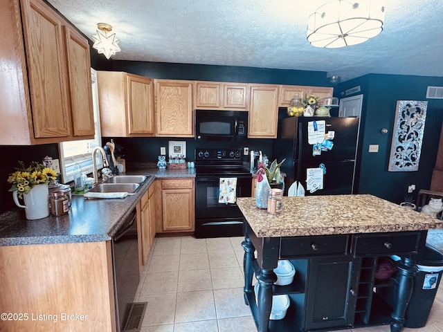 4021/2 Ripy St, Lawrenceburg, KY 40342 - kitchen featuring black appliances, a center island, open shelves, light tile patterned floors, and a textured ceiling