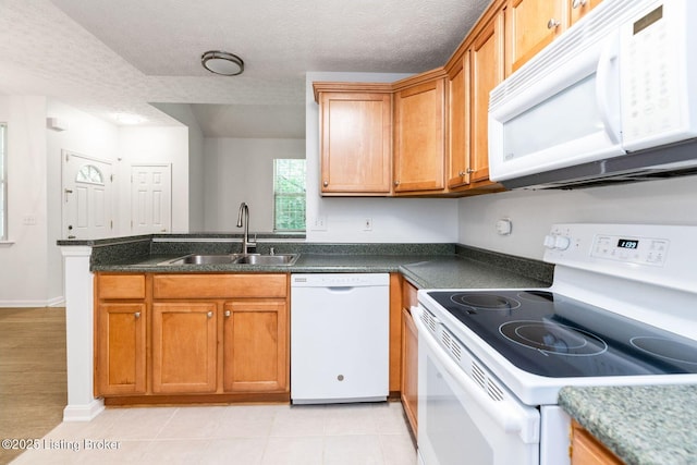 13404 Prospect Glen Way, Prospect, KY 40059 - kitchen featuring white appliances, a textured ceiling, a peninsula, brown cabinetry, and dark countertops