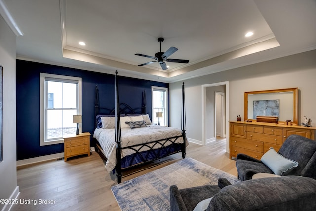 1605 Meremont Ridge Rd, Louisville, KY 40245 - bedroom with a raised ceiling, ornamental molding, multiple windows, light wood-style flooring, and recessed lighting