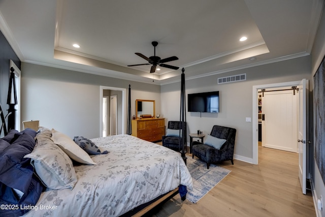 1605 Meremont Ridge Rd, Louisville, KY 40245 - bedroom with a tray ceiling, light wood finished floors, recessed lighting, crown molding, and a ceiling fan