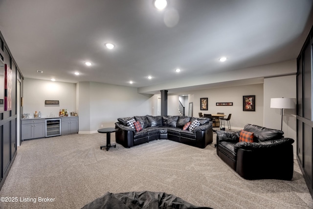1605 Meremont Ridge Rd, Louisville, KY 40245 - living area featuring wine cooler, bar area, light colored carpet, and recessed lighting