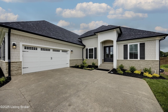 1605 Meremont Ridge Rd, Louisville, KY 40245 - view of front of house featuring stone siding, a shingled roof, concrete driveway, a garage, and french doors
