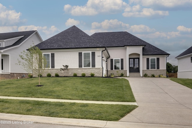 1605 Meremont Ridge Rd, Louisville, KY 40245 - view of front of property with a shingled roof, a front yard, and stone siding