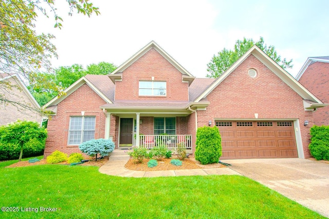 13811 Forest Bend Cir, Louisville, KY 40245 - traditional-style home featuring covered porch, brick siding, driveway, a front lawn, and a garage