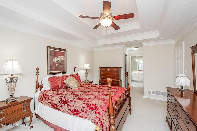 13811 Forest Bend Cir, Louisville, KY 40245 - bedroom with a raised ceiling, light carpet, crown molding, ensuite bath, and ceiling fan