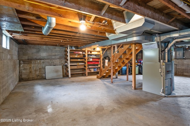 523 Fenley Ave, Louisville, KY 40222 - below grade area with heating unit, stairway, and electric panel