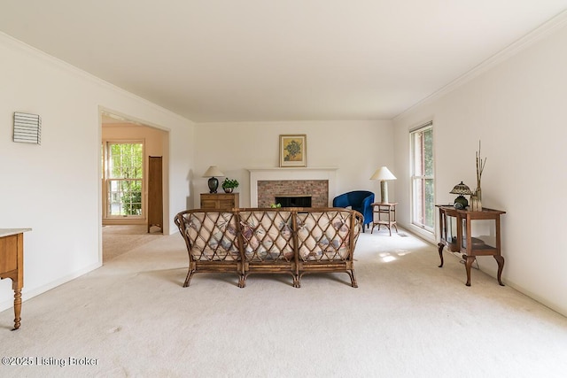 1824 Knollwood Rd, Louisville, KY 40207 - carpeted living room featuring ornamental molding and a fireplace