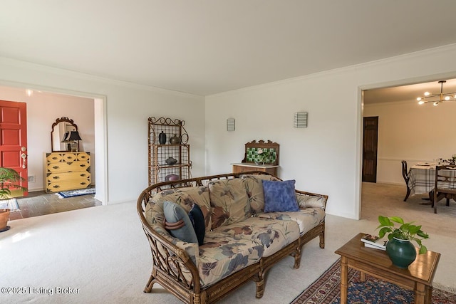 1824 Knollwood Rd, Louisville, KY 40207 - living room with crown molding, carpet floors, and a chandelier