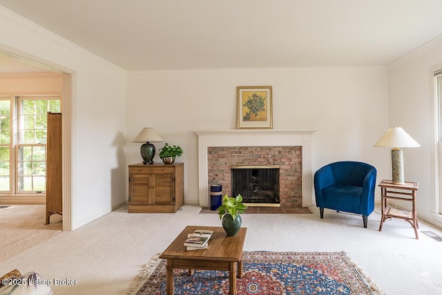 1824 Knollwood Rd, Louisville, KY 40207 - carpeted living room featuring ornamental molding and a brick fireplace