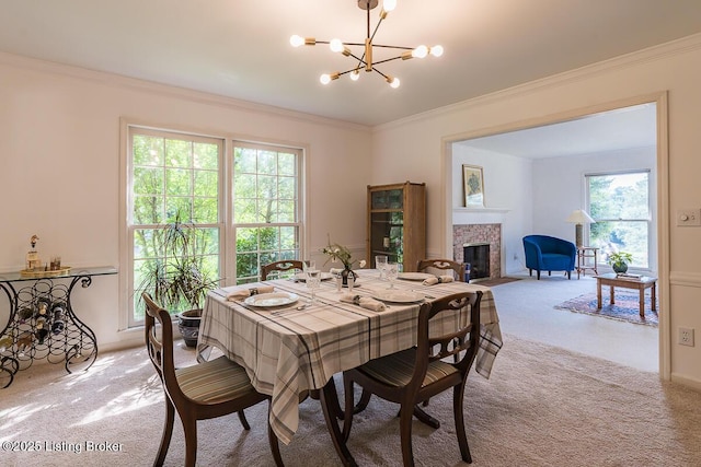 1824 Knollwood Rd, Louisville, KY 40207 - dining room with light colored carpet, a chandelier, a fireplace with flush hearth, and ornamental molding