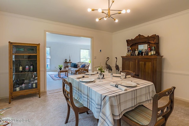 1824 Knollwood Rd, Louisville, KY 40207 - dining room with light colored carpet, a chandelier, and ornamental molding