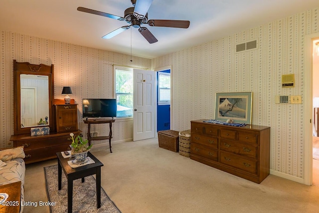 1824 Knollwood Rd, Louisville, KY 40207 - living room featuring carpet flooring, ceiling fan, and wallpapered walls