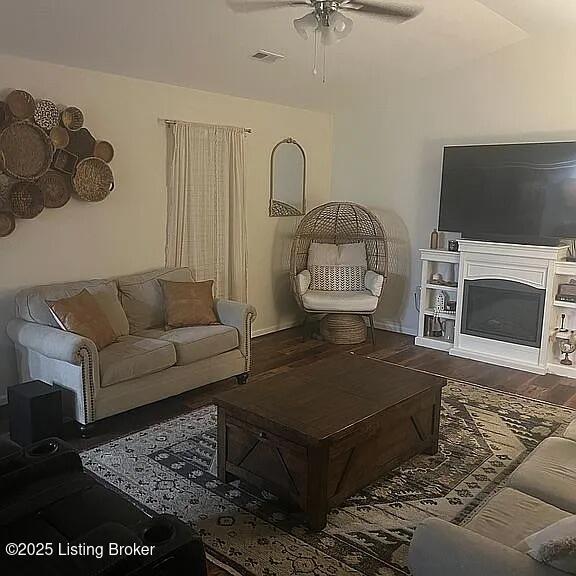 192 Patrum Sisters Way, Danville, KY 40422 - living room with a ceiling fan, wood finished floors, and a glass covered fireplace