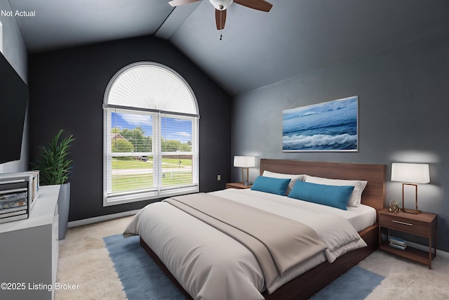 9071 Charleston Way, Shelbyville, KY 40065 - bedroom featuring light carpet, lofted ceiling, multiple windows, and ceiling fan