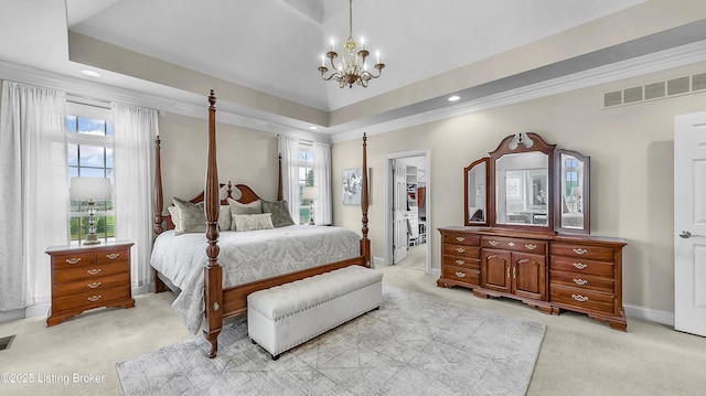 3221 Overlook Ridge Rd, Prospect, KY 40059 - bedroom with light colored carpet, a walk in closet, a chandelier, recessed lighting, and ornamental molding