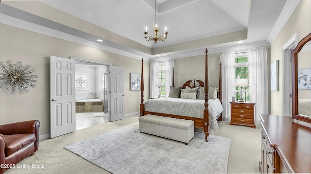 3221 Overlook Ridge Rd, Prospect, KY 40059 - bedroom with light carpet, multiple windows, a chandelier, ornamental molding, and recessed lighting