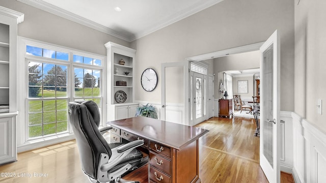 3221 Overlook Ridge Rd, Prospect, KY 40059 - office area featuring ornamental molding, wainscoting, light wood-type flooring, and a decorative wall