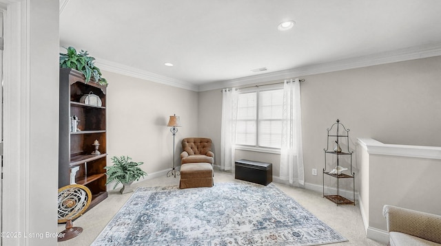3221 Overlook Ridge Rd, Prospect, KY 40059 - sitting room featuring light carpet, recessed lighting, and ornamental molding