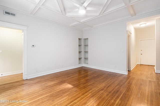 1629 S 3rd St Apt 102, Louisville, KY 40208 - empty room featuring coffered ceiling, wood-type flooring, ceiling fan, and beam ceiling