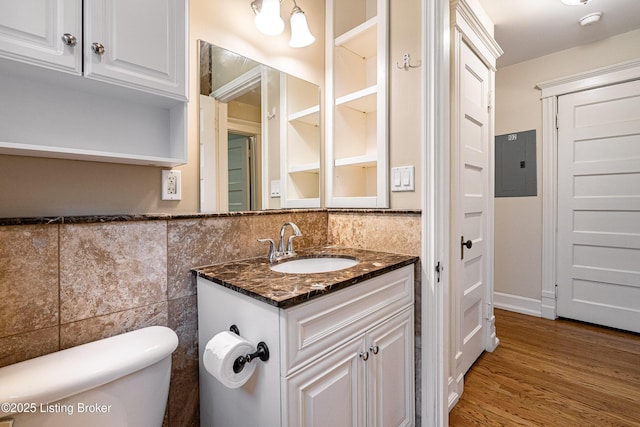 1629 S 3rd St Apt 102, Louisville, KY 40208 - bathroom with electric panel, vanity, wood finished floors, and tile walls