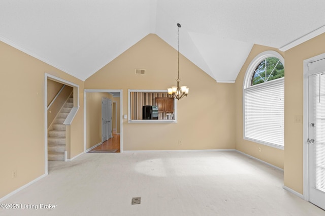 8001 Port Royal Ct, Louisville, KY 40291 - unfurnished living room with carpet, a chandelier, lofted ceiling, and stairway
