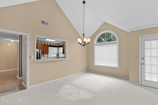 8001 Port Royal Ct, Louisville, KY 40291 - unfurnished dining area featuring light colored carpet, a chandelier, and high vaulted ceiling